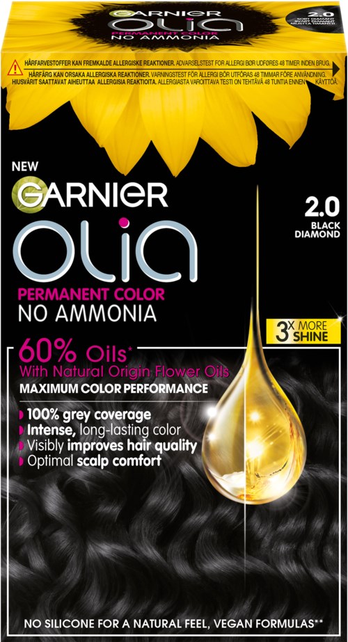Black hair dye packaging featuring a sunflower, product name Olia, no ammonia, 60% oils, shiny hair, natural origin flower oils.