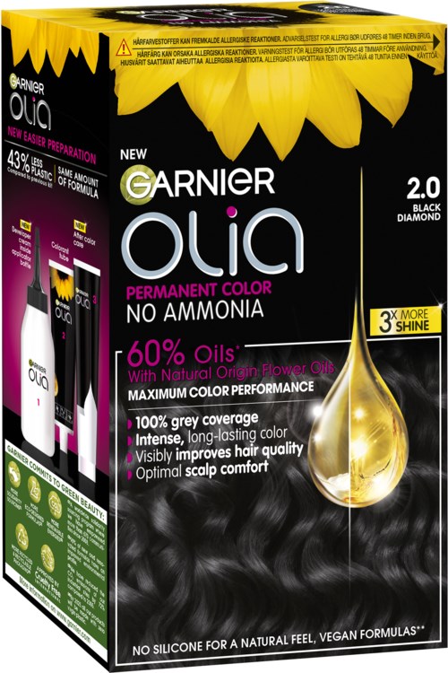 Black box with yellow sunflower image and white, pink, and purple text about hair dye and its features.