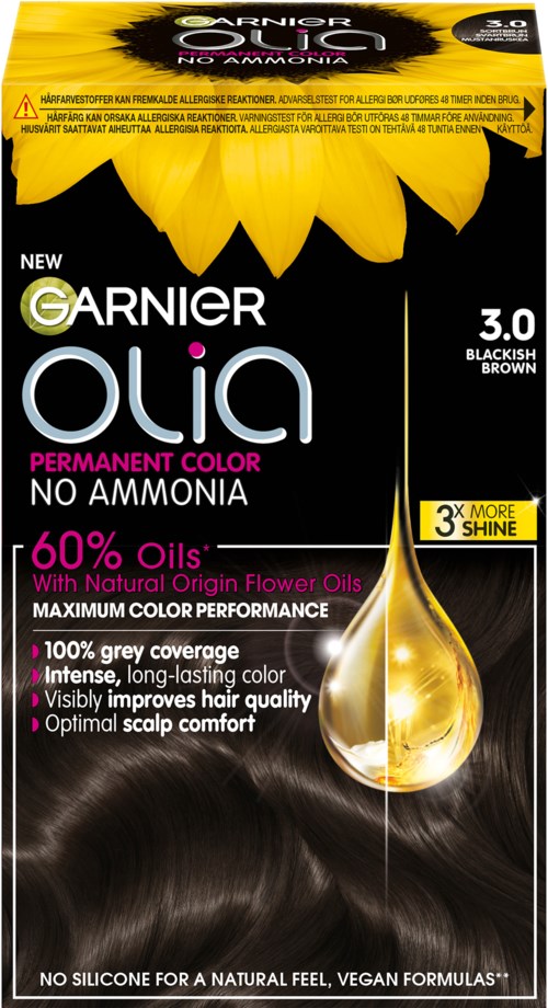 Black and brown hair dye box with sunflower image, key benefits, and product claims in bright colors.