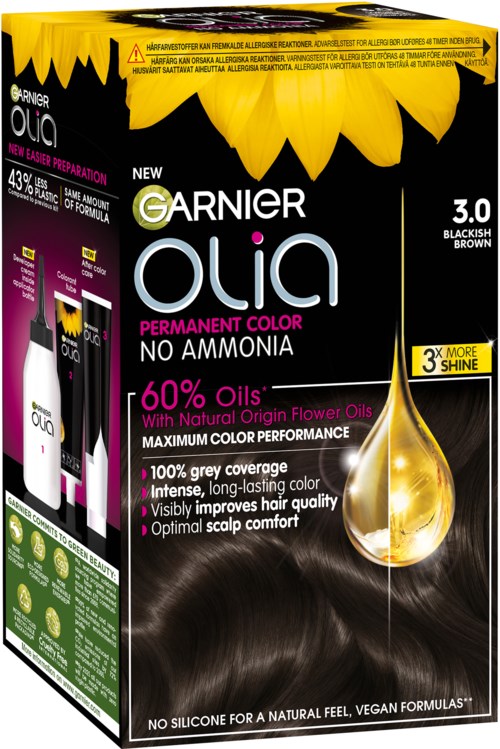 The box features Garnier Olia hair color, black and brown shades, sunflower image, and highlights natural oils and long-lasting color.