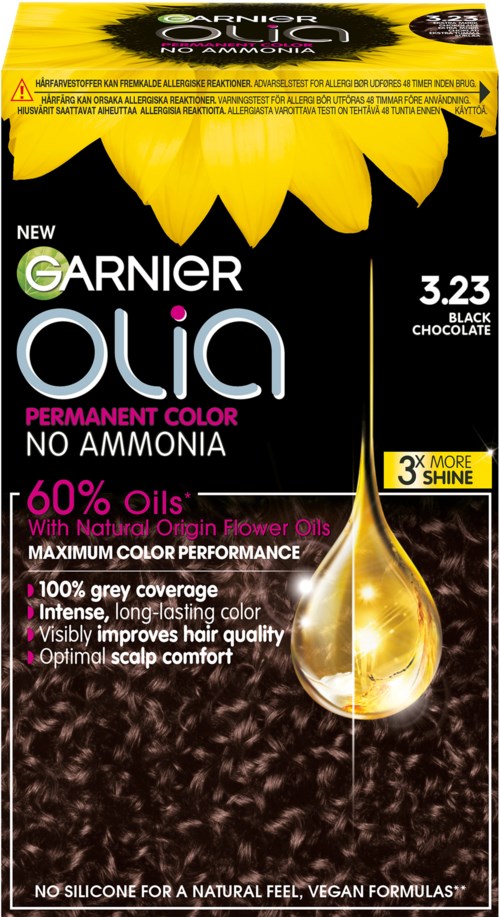 Garnier Olia haarkleuring met zonnebloem bovenaan, biedt permanente zwarte kleur zonder ammoniak, met natuurlijke oliën voor glans.