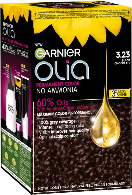 Een doos Garnier Olia permanente haarverf in zwart chocolade met zonnebloemontwerp en productvoordelen.