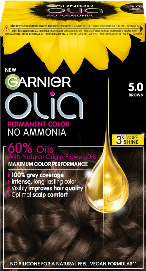 Garnier Olia haarverf in bruin, geen ammonia, 60% natuurlijke oliën, blijft lang mooi, verbetert haar en hoofdhuid.