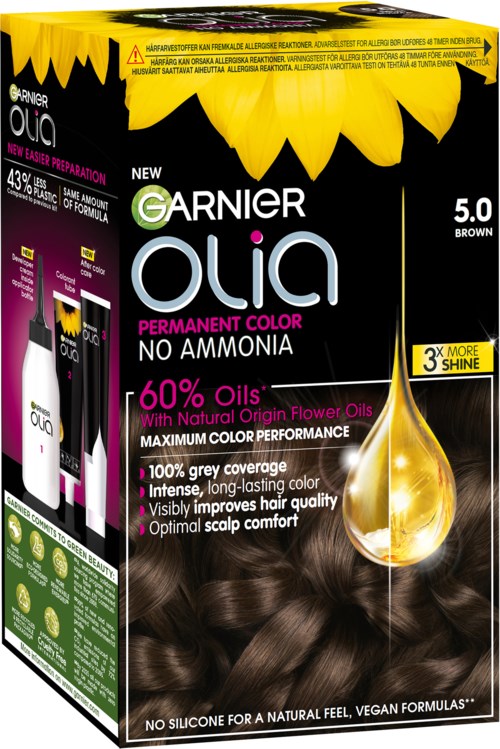 Garnier Olia haarkleurdoos in bruin, benadrukt kleurkwaliteit, natuurlijke oliën en langdurige kleur.