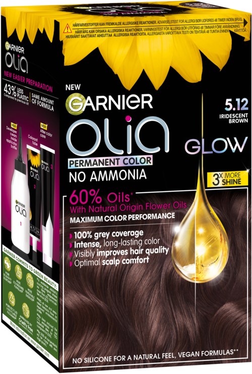 En hårfärgningsbox märkt 'Garnier Olia Glow' med solrosgrafik, som främjar naturliga oljor, livfull färg och hårbottenkomfort.