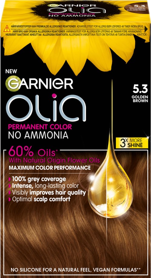 Garnier Olia permanent hair color in 5.3 golden brown, with sunflower image, highlighting natural oils and no ammonia.
