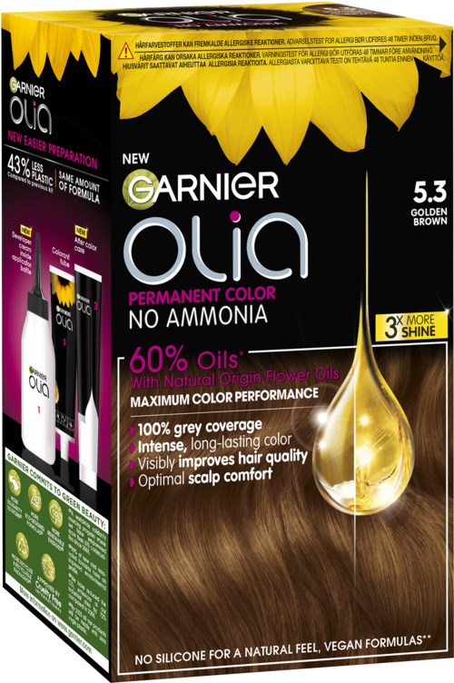 Black and yellow hair dye box with sunflower graphic, showing hair color, brand, and product benefits.