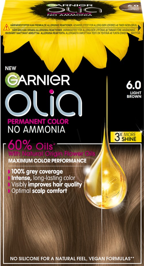 Garnier Olia hair dye, permanent, no ammonia, 60% oils, natural flower oils, long-lasting, grey coverage, shiny hair.