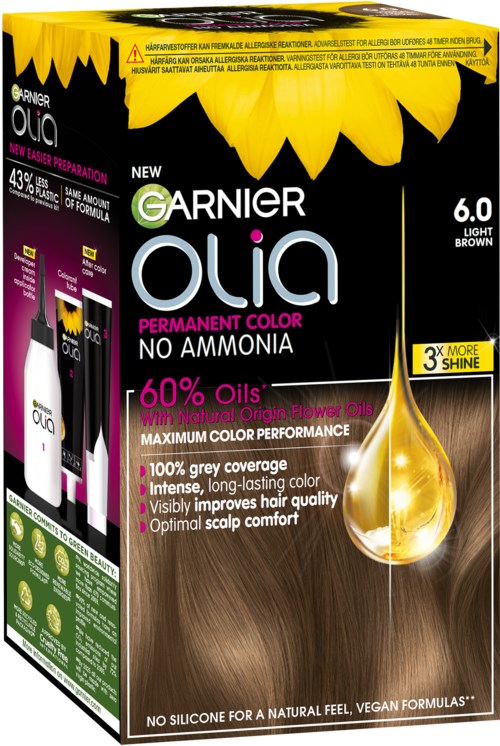 A hair dye box with yellow sunflower designs, showing it is Garnier Olia permanent color in light brown.