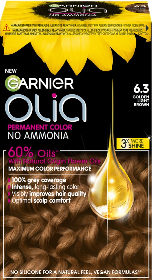 Garnier Olia hårfärg förpackning med en gul solros, brunt hår och en droplet-symbol för olje-baserad färg.