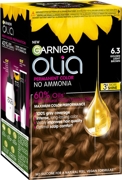 Förpackning med Garnier Olia permanent hårfärg i gyllene ljusbrun, 60% oljor, naturliga ingredienser, utan ammoniak.