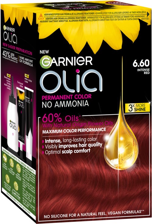 Bright yellow sunflower petal border with product details and a shiny drop of oil on dark red hair.