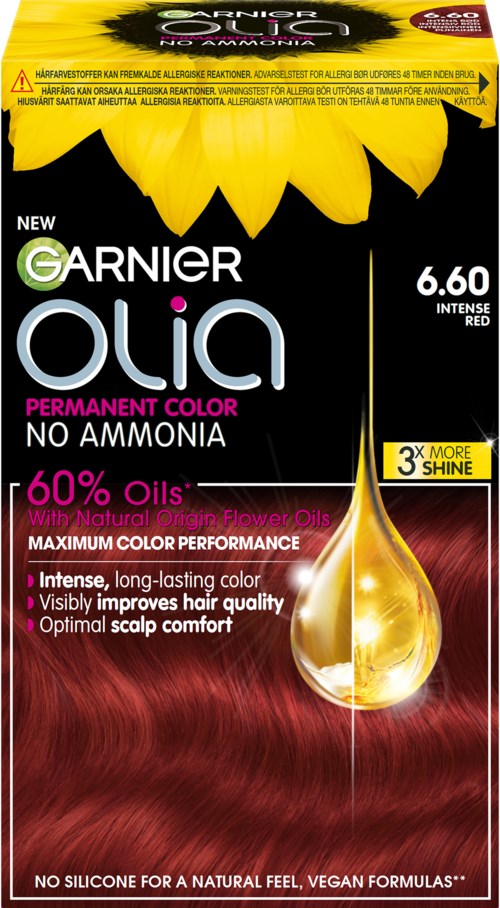 Packaging for Garnier Olia hair dye in red shade with a sunflower design and product details.