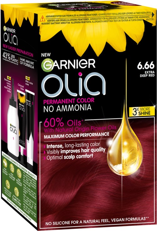 Garnier Olia haarkleuringsdoos met zonnebloemdecor, dieproodige kleur, geen ammonia, met natuurlijke oliën voor levendig haar.