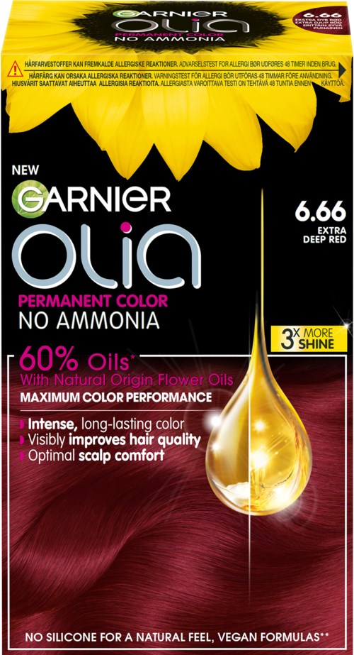 Verpakking van Garnier Olia haarkleur, met zonnebloem en informatie over kleur, glans en natuurlijke oliën.