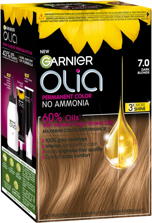 Haarkleurdoos voor Garnier Olia, donkerblond, met zonnebloemen, een oliedruppel en haarbeeld.