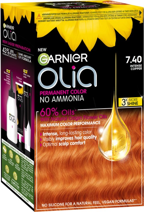 A hair dye box with bright yellow sunflower design, black background, and text highlighting color and ingredients.