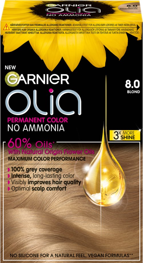 Garnier Olia permanente haarkleur, zonder ammoniak, met natuurlijke bloemolie, biedt 100% grijsdekking en glans.