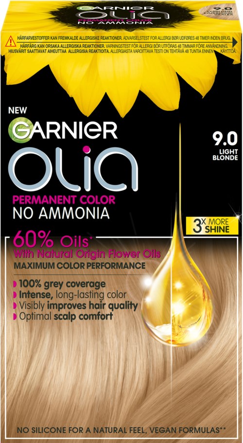 Hair dye packaging showing new Garnier Olia permanent color, no ammonia, light blonde, 60% natural flower oils.