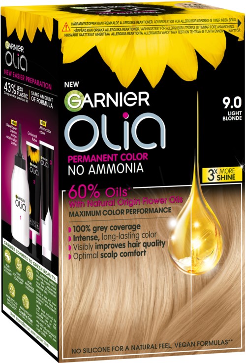 Garnier Olia hair dye box emphasizing no ammonia, 60% oils, and long-lasting grey coverage. Features sunflower imagery and blonde hair.