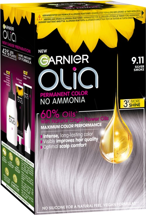 Äggkartongen visar Garnier Olia hårfärg, har en design med gula blommor, nämner att den är utan ammoniak och innehåller naturliga oljor, med en gulddroppebild.