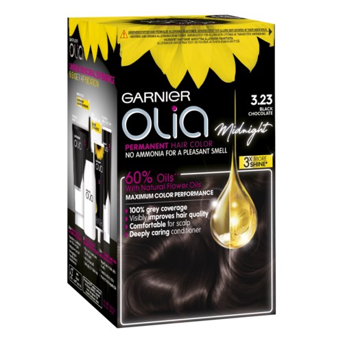 Förpackning med Garnier Olia hårfärg i nyansen 3.23 Svart choklad. Den lovar långvarig färg, naturliga oljor och en trevlig doft.
