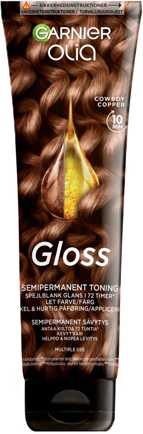 Garnier Olia Gloss hårfärgningsrör med brunt hår, gulddroppe och produktdetaljer.