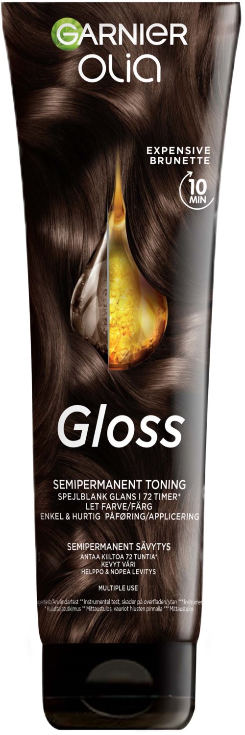 Garnier Olia Gloss hårfärg i tub med mörkbrunt hår och en droppe olja på förpackningen.