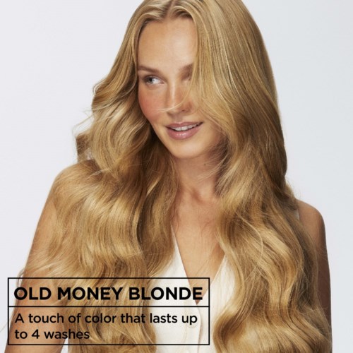 Old Money Blonde hiuksiin värjäämispakkaus tekstillä kestävistä väreistä, sijoittuu pitkä, vaaleahiuksinen nainen.