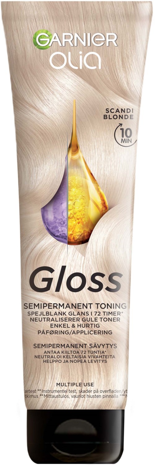 Garnier Olia Gloss semi-permanent hårtoning i tub med en illustration av en färgglad dropp och blont hår i bakgrunden.