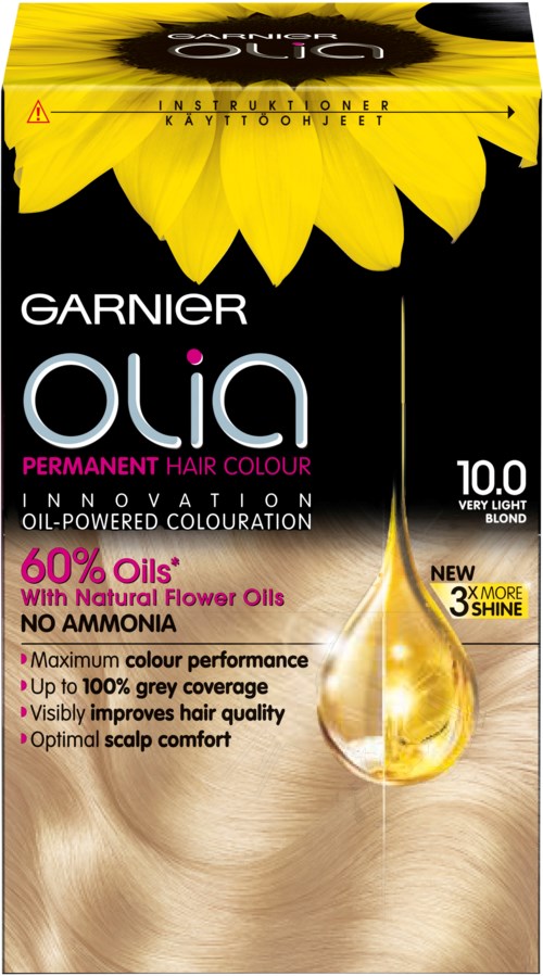 En hårfärgsask märkt 'Garnier Olia' i gult och svart, visar en solros, oljedroppe och hår. Den betonar permanent färg, oljor och nyansen 10.0.