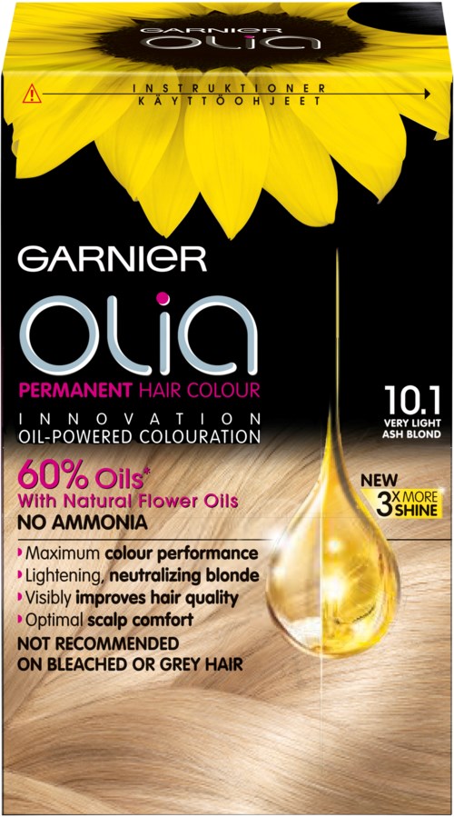 Gult solros med svart bakgrund; Garnier Olia hårfärgningsbox, har naturliga oljor, 60% oljor, för blont hår.