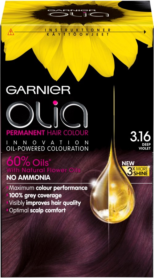 En förpackning av Garnier Olia permanent hårfärg, med en solros och gul droppe, med produktdetaljer och fördelar listade.