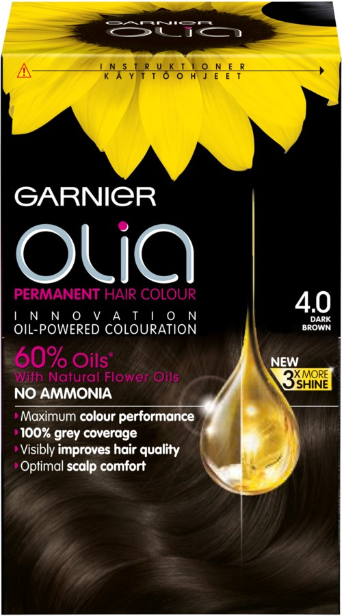 Svart och gul förpackning med en solrosbild, produktnamn 'Garnier Olia' och information om hårfärg och oljor.