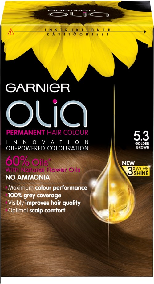 En förpackning med Garnier Olia permanent hårfärg i nyansen 5.3 Gyllenbrun, med solrosdesign och produktfördelar listade.