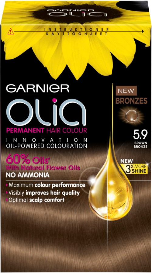 Svart och guld förpackning med solrosdesign, framhäver Garnier Olia permanent hårfärg med olja, naturliga oljor och en bronsnyans.