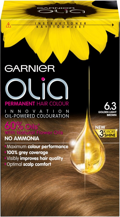 Garnier Olia hårfärg i nyans 6.3 Gyllenljustbrun, oljebaserad, håller längre, täcker grått, ger ljusare hår.