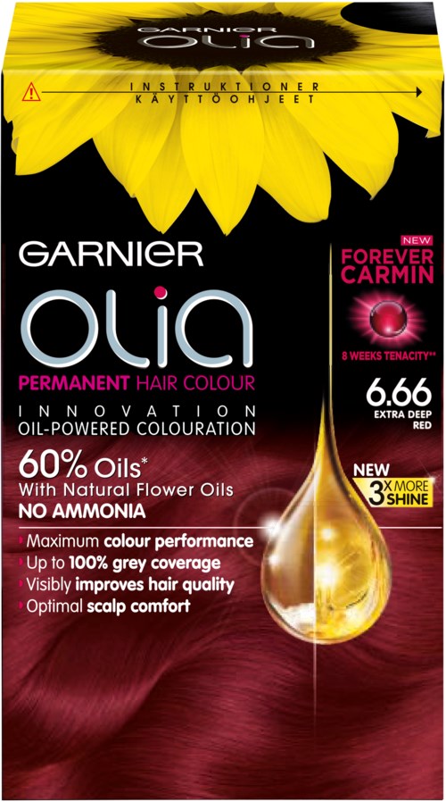 Garnier Olia hårfärgningsförpackning, främst gul och vinröd, visar en solros, produktinformation och ett hårstrå.