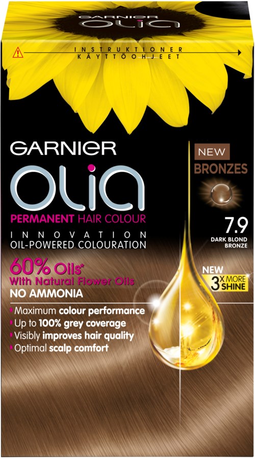 En hårfärgningsbox från Garnier Olia med solrosdesign och produktfunktioner som färg och oljeinnehåll.
