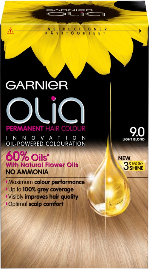 En gul solros med svart bakgrund, Garnier Olia hårfärgningslåda framför, visar information och en droppe olja.