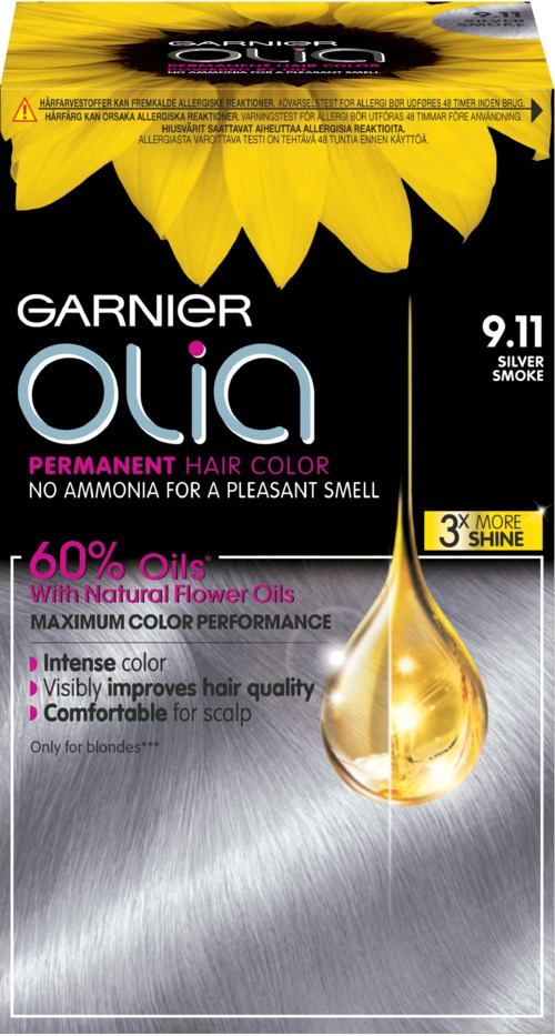 Förpackning av Garnier Olia hårfärg i nyansen Silver Smoke, med fokus på naturliga blomolja och maximal färgprestanda.