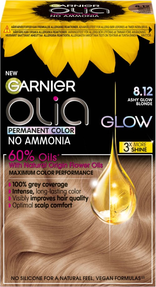 Packaging for Garnier Olia hair dye with yellow flower graphic, black background, and information on color and benefits.
