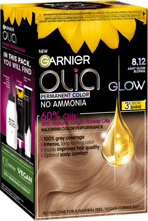 Box of Garnier Olia permanent color hair dye with sunflower image, info on oil-based, long-lasting color, and no ammonia.