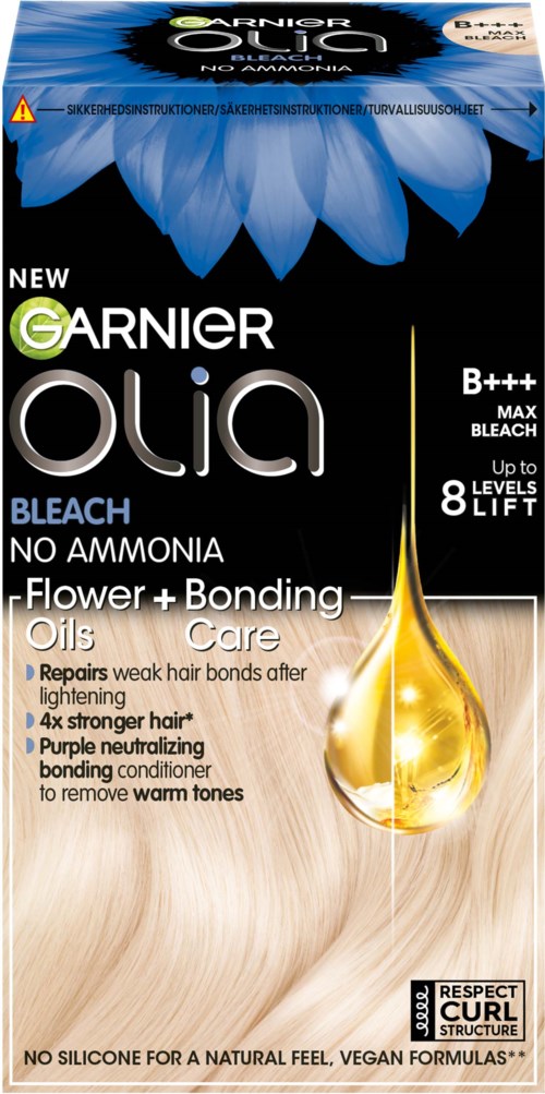 Garnier Olia Bleekmiddel doos met blauwe bloem en haarverzorgingstekst, herstelt haar en neutraliseert paarse tonen.