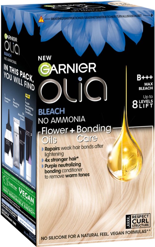 Verpakking van Garnier Olia haarverf met bloem- en bindende oliën, zonder ammonia, geschikt voor donkerblond haar.