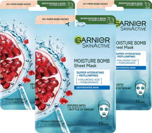Drie Garnier vochtinbrengende sheet masks met granaatappel en hyaluronzuur voor gehydrateerde en vollere huid.