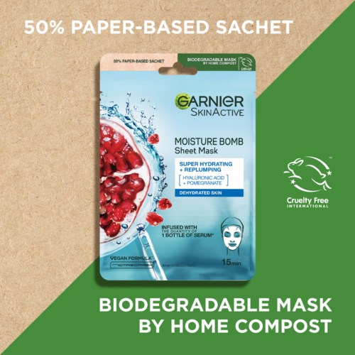 Verpakkingslabel voor Garnier huidverzorging, met een rode fruitvlek en melding van een biologisch afbreekbaar masker.