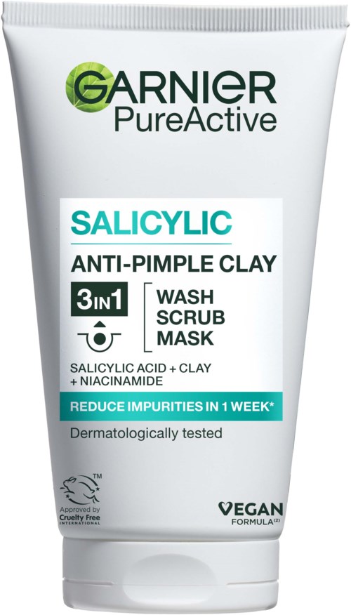 Tube met Garnier PureActive salicylische anti-puistje klei, voor gezichtskleding, 3-in-1, vegan en dermatologisch getest.