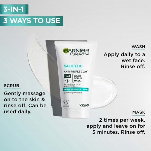 Garnier PureActive masker met drie manieren: scrub, wassen en masker. Aanbrengen op gezicht, afspoelen en dagelijks gebruiken.