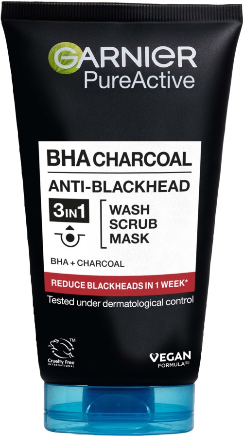 Zwarte tube Garnier Pure Active BHA Charcoal Anti-Blackhead was, scrub en masker met blauwe dop, bevordert een schone huid.